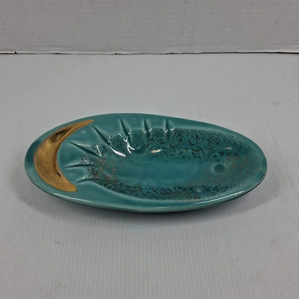 Vintage Mid Century Modern Teal Gold Celestial Moon Ceramic Trinket Dish USA